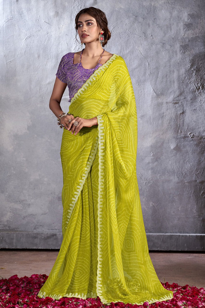 Women's Designer Party Wear Neon Yellow Bandhani Soft Georgette Saree - Femenica