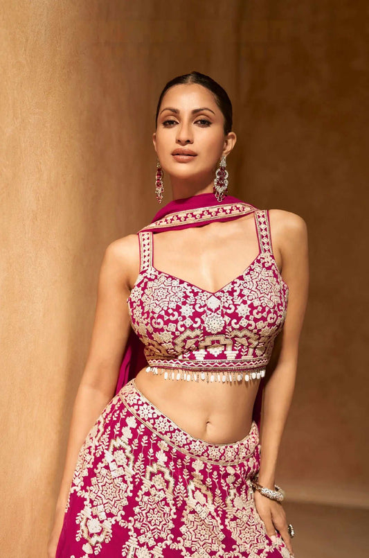 Magenta Pink Embroidered Crop Top and Skirt Lehenga Set - Femenica