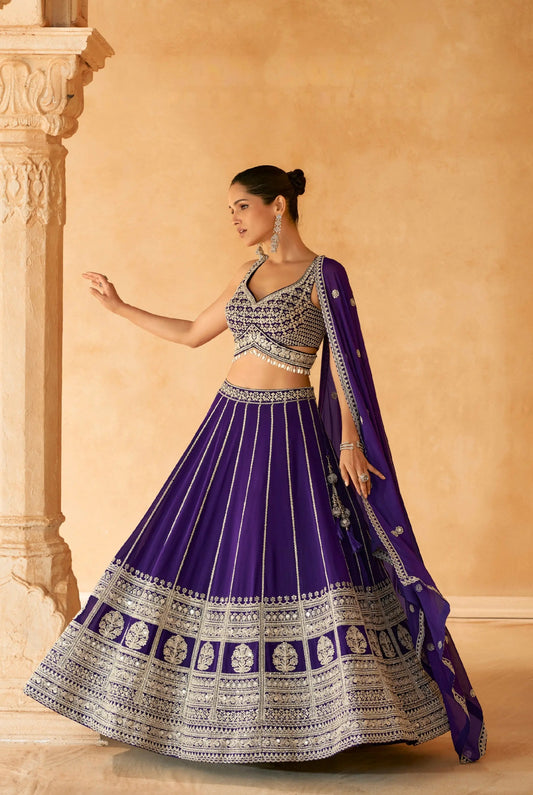 Royal Purple Embroidered Crop Top and Skirt Lehenga Set - Femenica