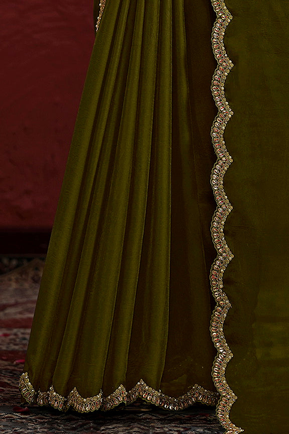 Green Natural Crepe Georgette Silk Sequence with Handwork Saree