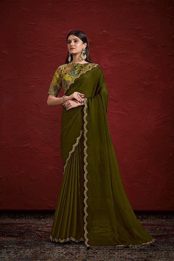 Green Natural Crepe Georgette Silk Sequence with Handwork Saree