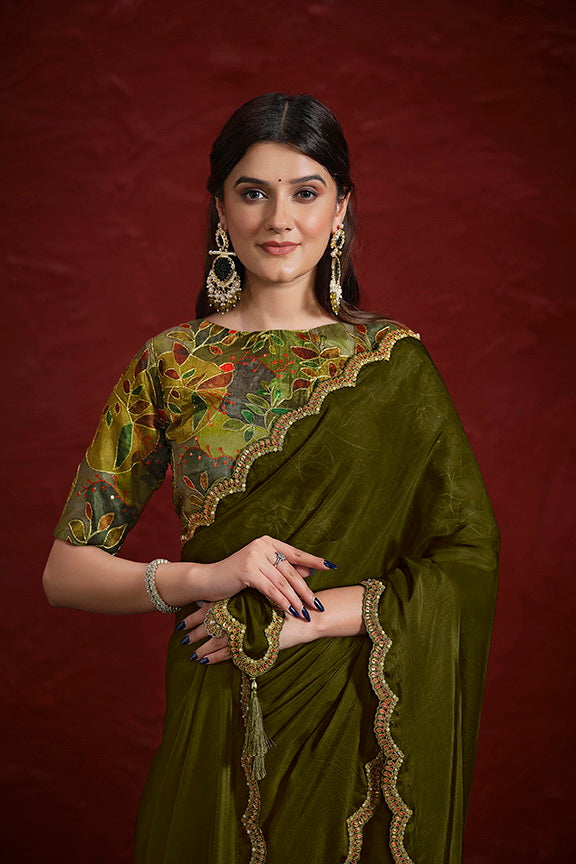 Green Natural Crepe Georgette Silk Sequence with Handwork Saree