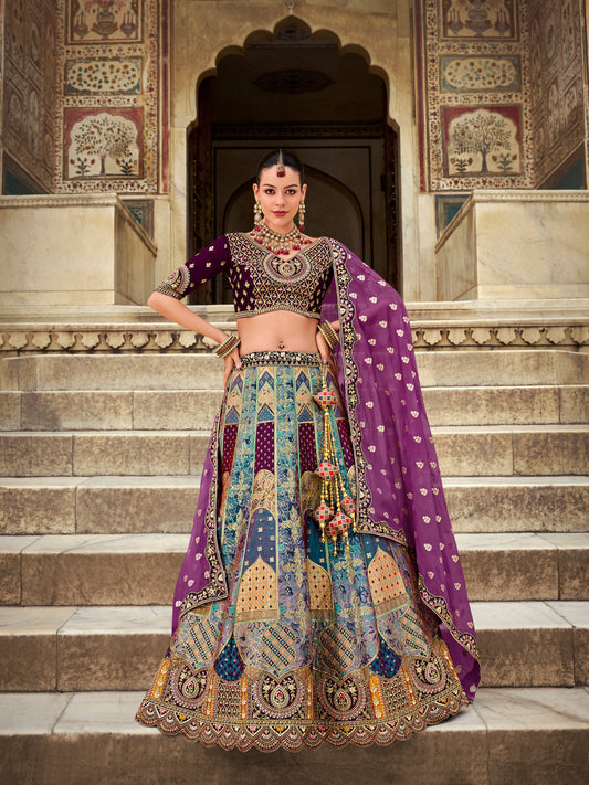 Purple Banarasi Silk Lehenga with Zarkan Embellishments - Femenica