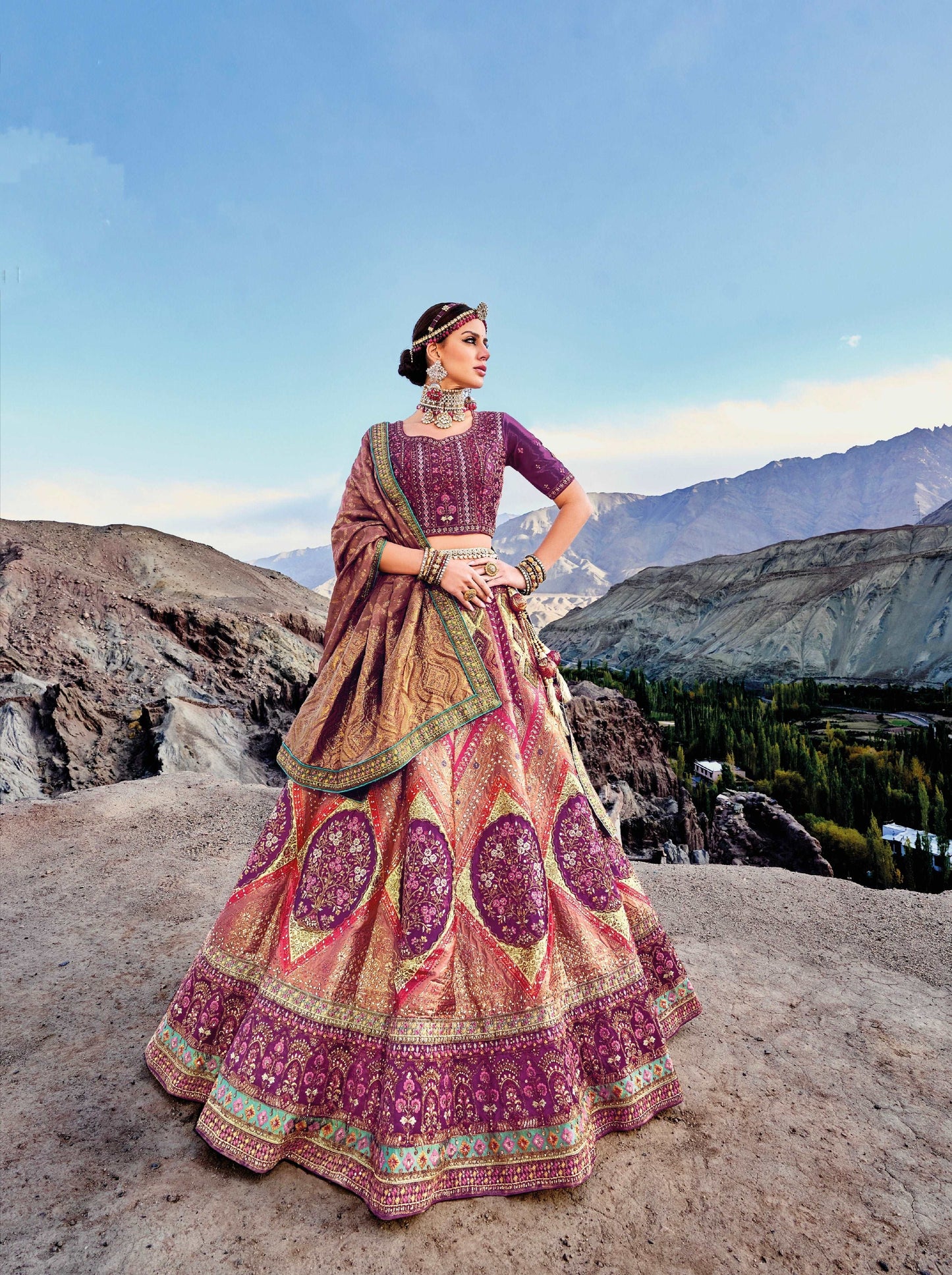 Femenica Stunning Purple & Peach Banarasi Silk Jacquard Lehenga with Satin Blouse and Georgette Viscose Dupatta - Femenica