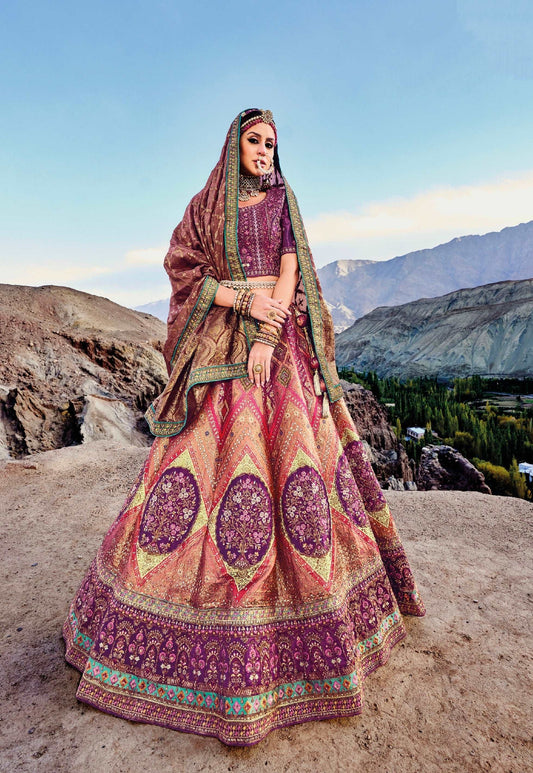 Femenica Stunning Purple & Peach Banarasi Silk Jacquard Lehenga with Satin Blouse and Georgette Viscose Dupatta - Femenica