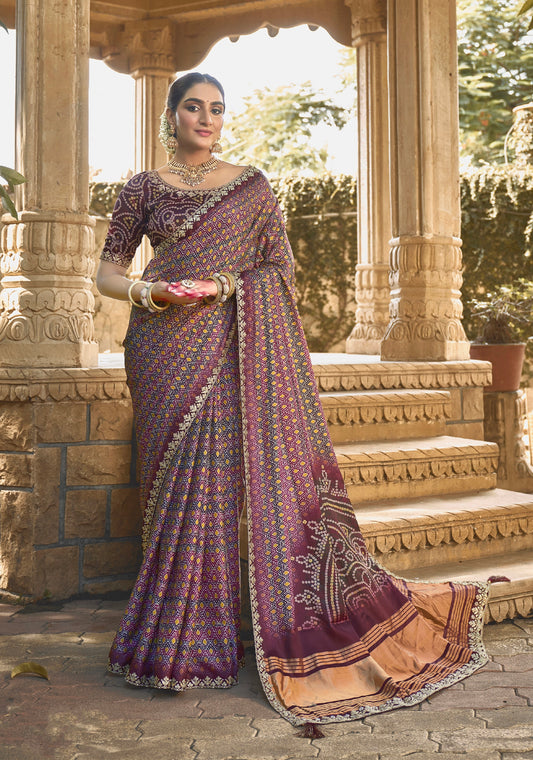 Maroon Gajji Silk Saree with Foil and Handwork - Femenica