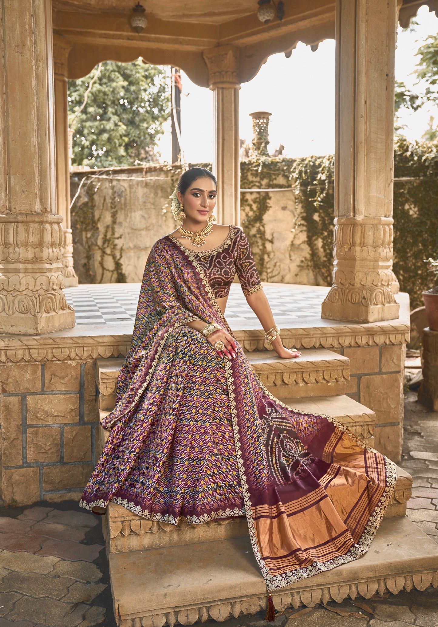 Maroon Gajji Silk Saree with Foil and Handwork - Femenica