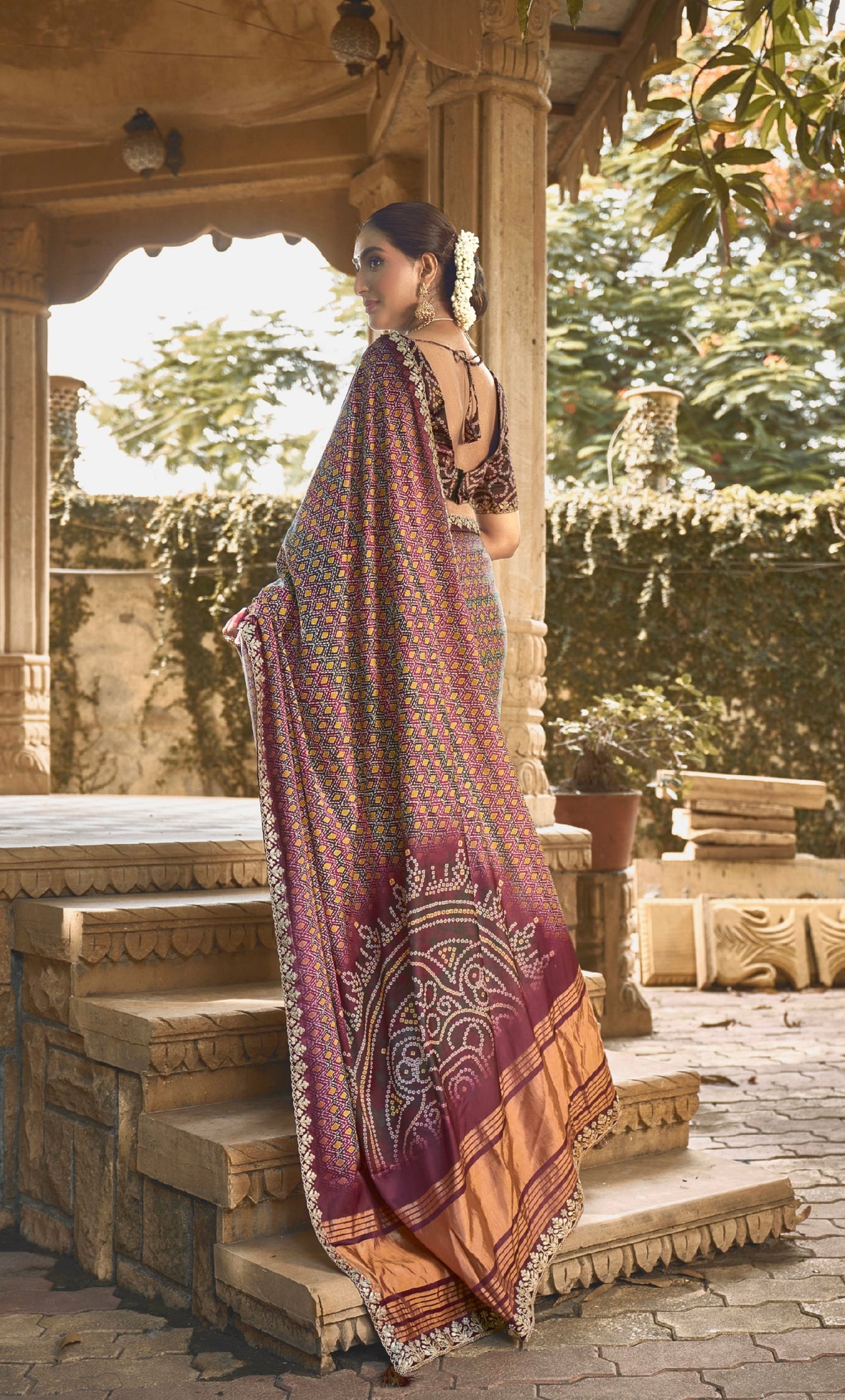 Maroon Gajji Silk Saree with Foil and Handwork - Femenica