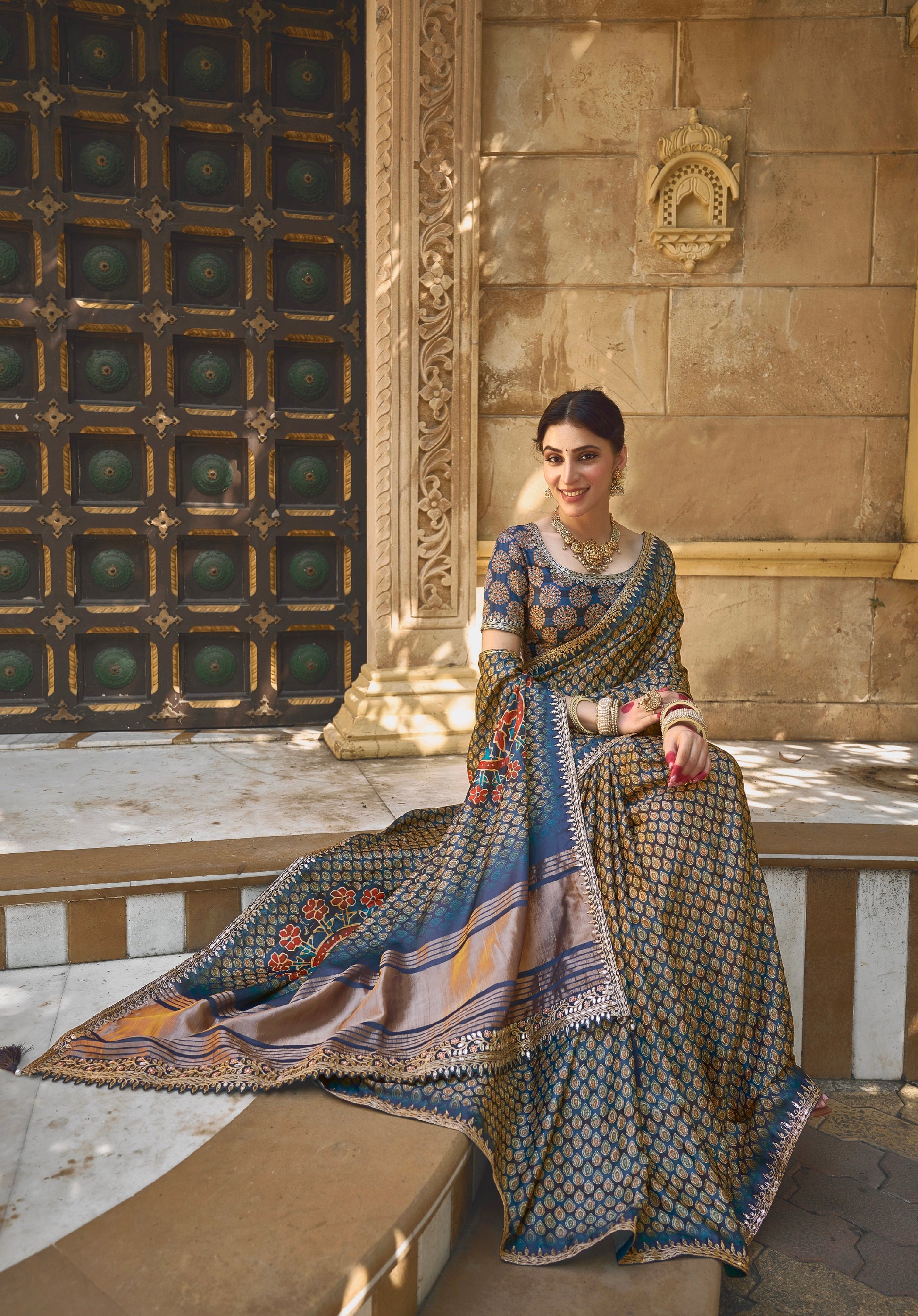 Green Gajji Silk Saree with Gota and Handwork - Femenica