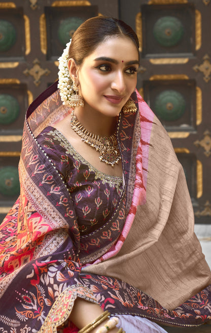 Beige Bhagalpuri Silk Saree with Pure Gota Work - Femenica