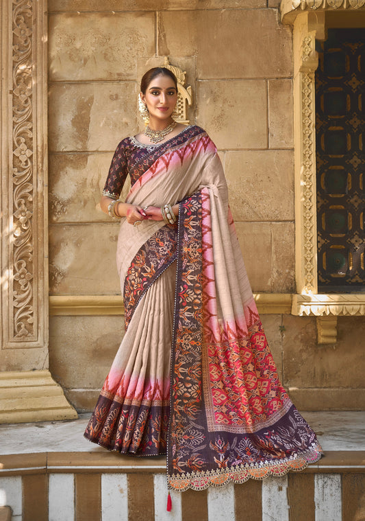 Beige Bhagalpuri Silk Saree with Pure Gota Work - Femenica