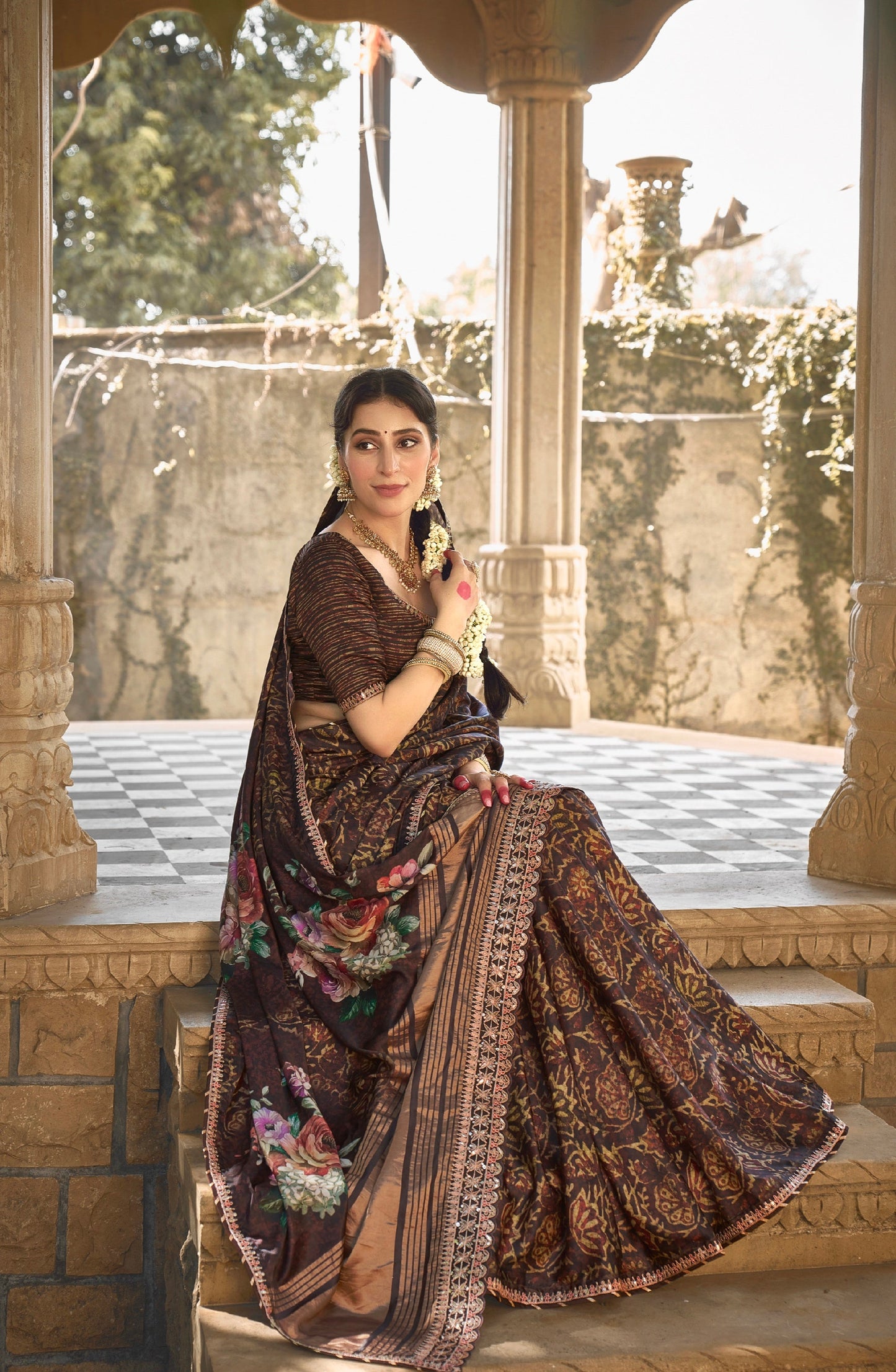 Brown Gajji Silk Saree with Gota and Minakari Work - Femenica