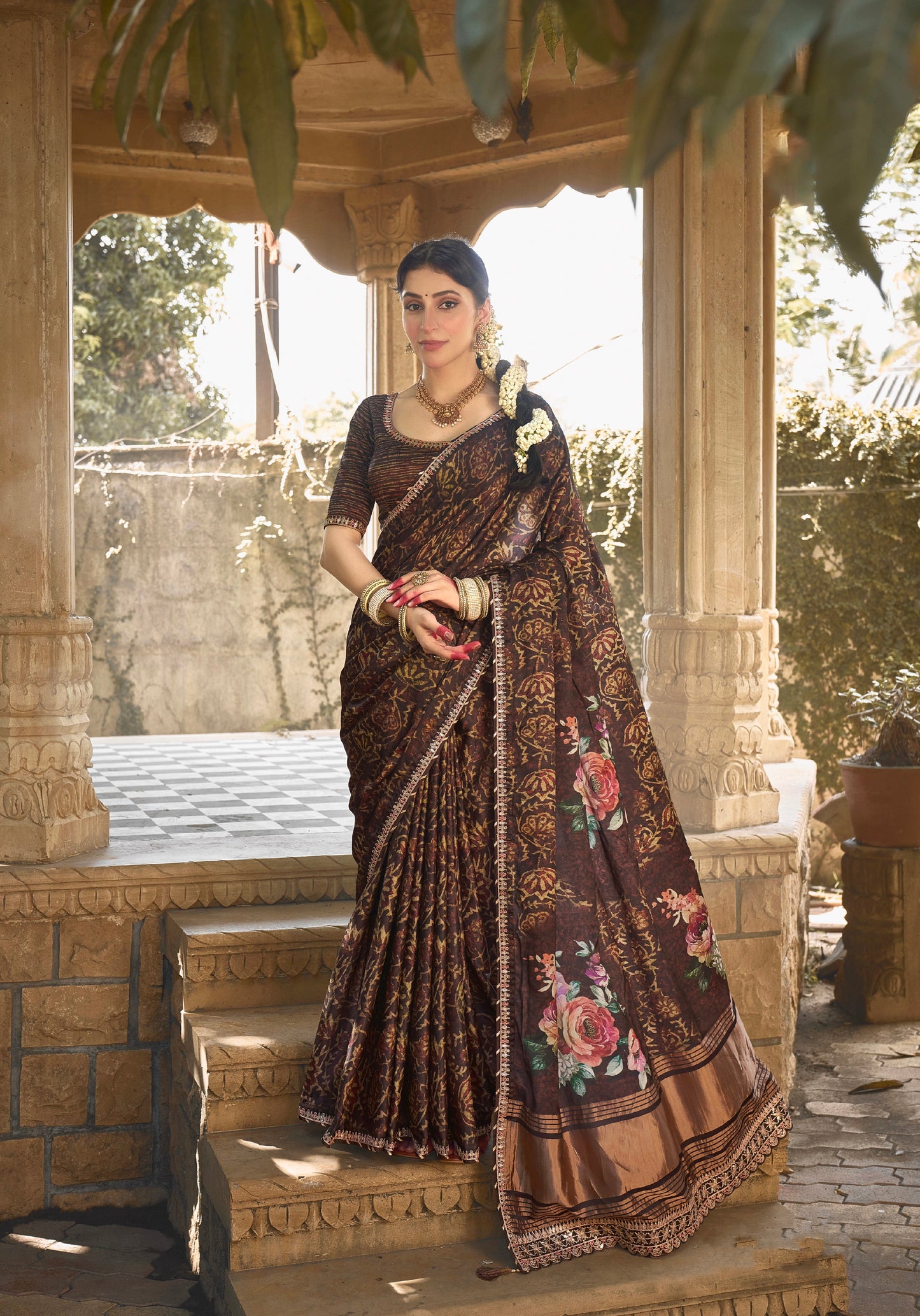 Brown Gajji Silk Saree with Gota and Minakari Work - Femenica