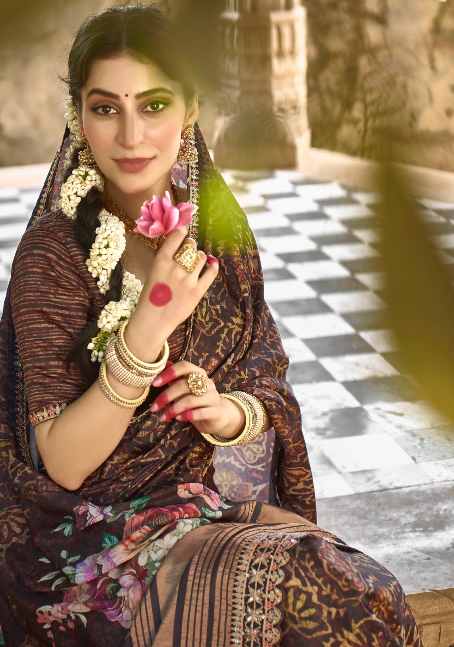 Brown Gajji Silk Saree with Gota and Minakari Work - Femenica