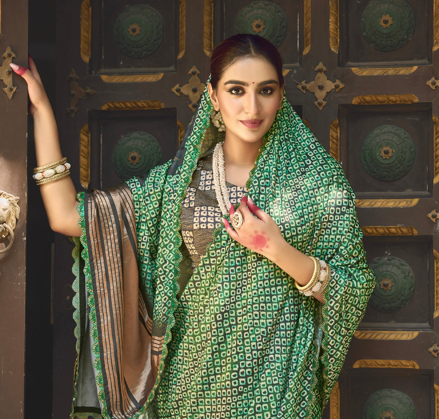 Green Gajji Silk Saree with Pure Handwork - Femenica