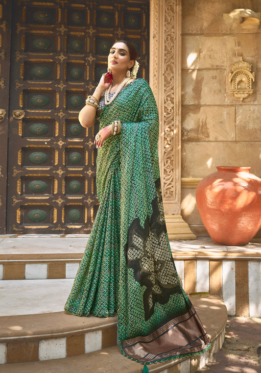 Green Gajji Silk Saree with Pure Handwork - Femenica