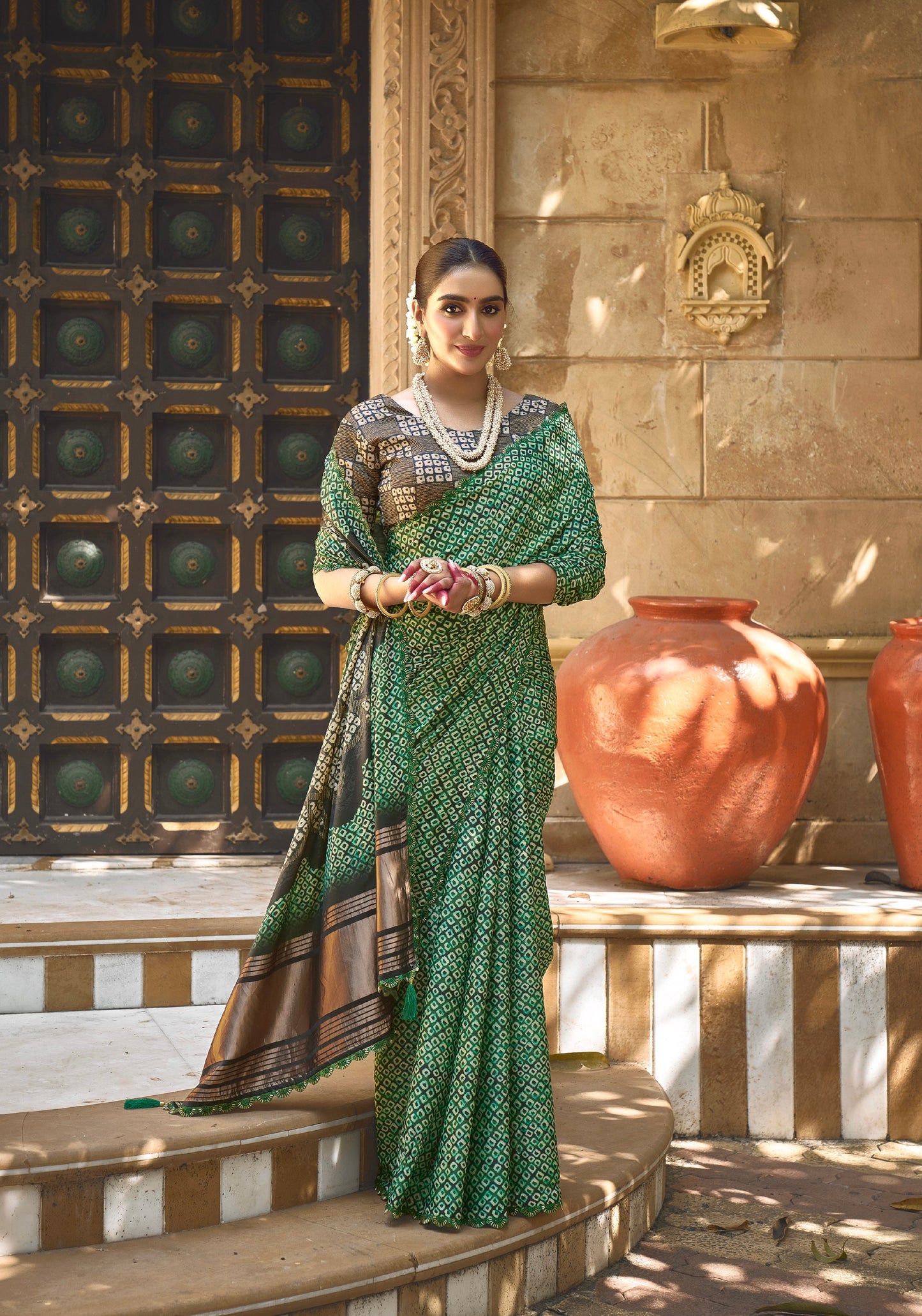 Green Gajji Silk Saree with Pure Handwork - Femenica