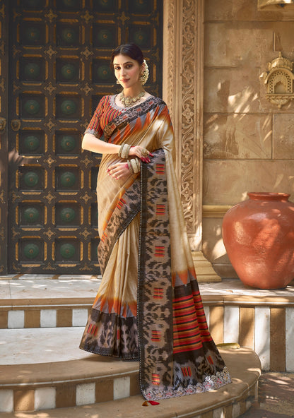 Beige Bhagalpuri Silk Saree with Pure Gota Work - Femenica