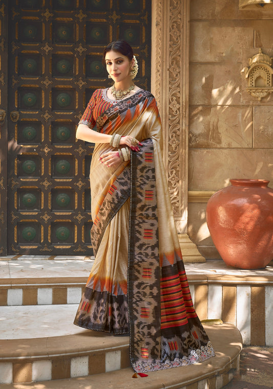 Beige Bhagalpuri Silk Saree with Pure Gota Work - Femenica