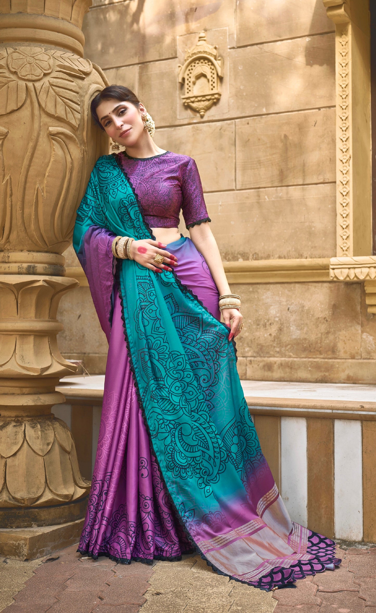 Purple Gajji Silk Saree with Pure Handwork - Femenica