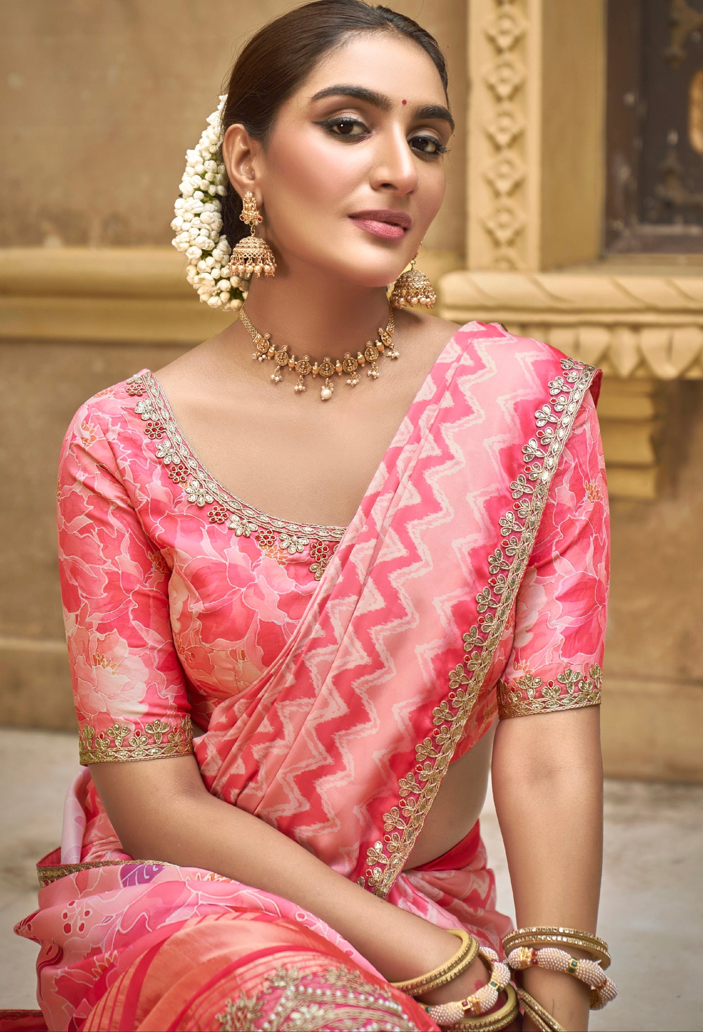 Pink Gajji Silk Saree with Foil and Moti Work - Femenica