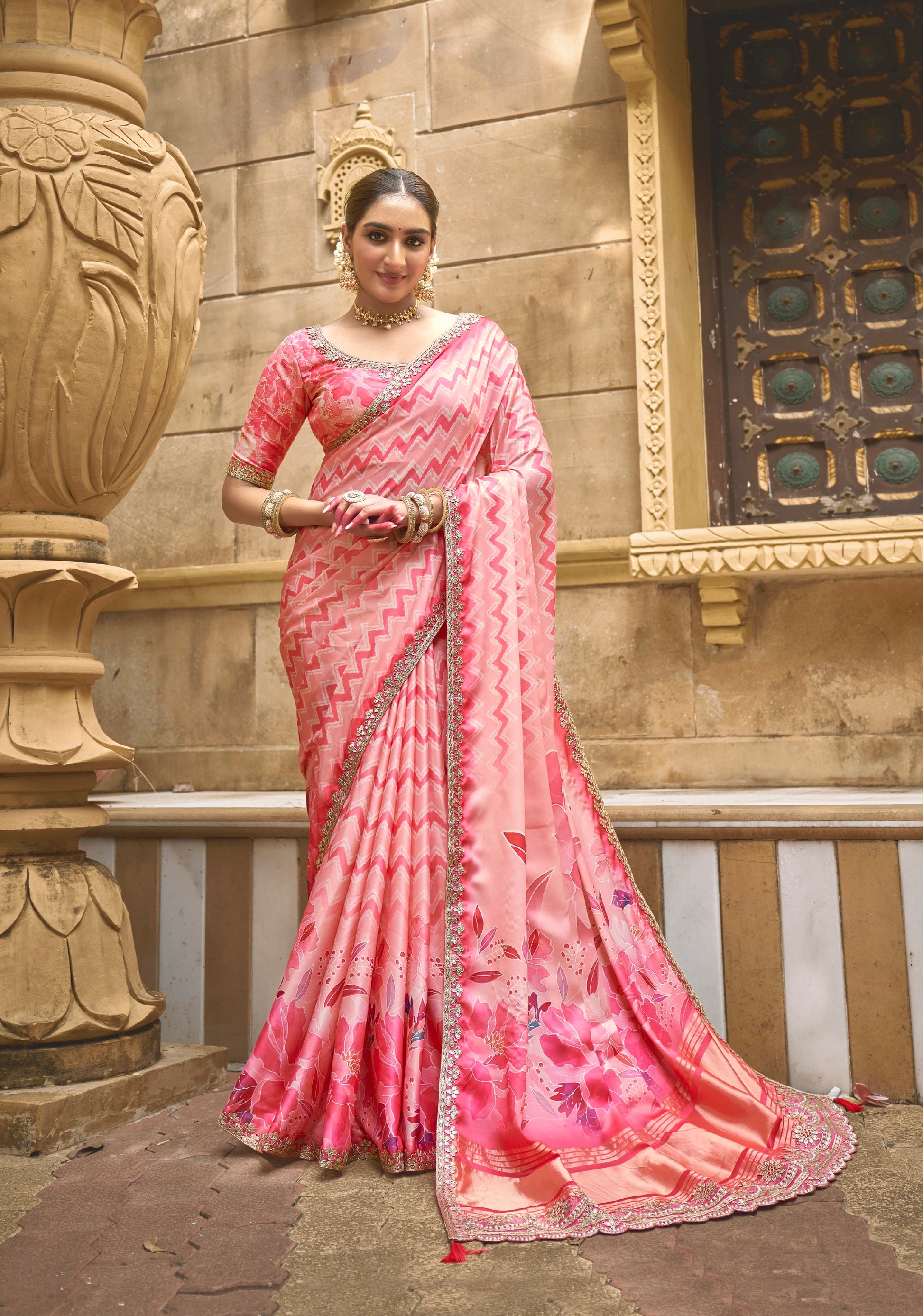 Pink Gajji Silk Saree with Foil and Moti Work - Femenica