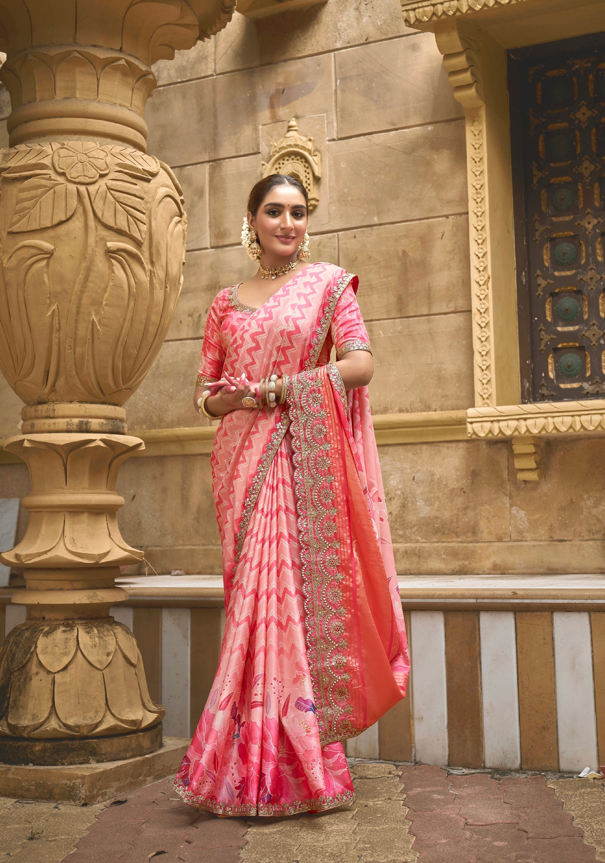 Pink Gajji Silk Saree with Foil and Moti Work - Femenica