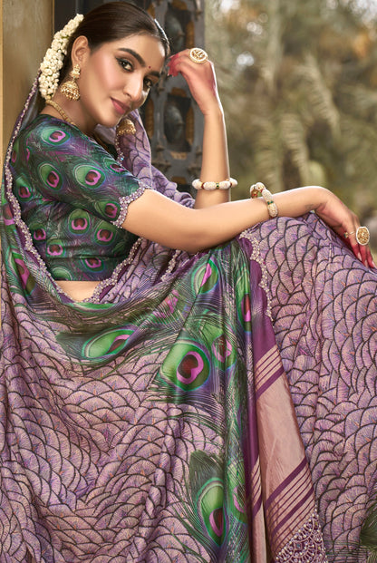 Gajji Silk Saree in Lavender Color with Diamond and Handwork - Femenica