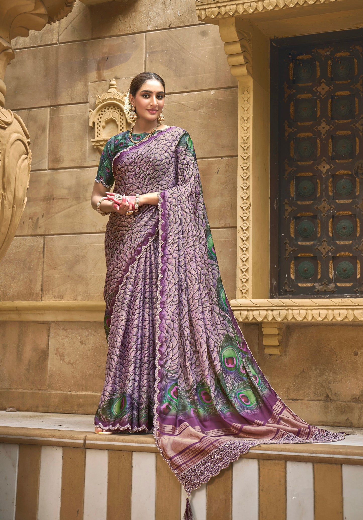 Gajji Silk Saree in Lavender Color with Diamond and Handwork - Femenica