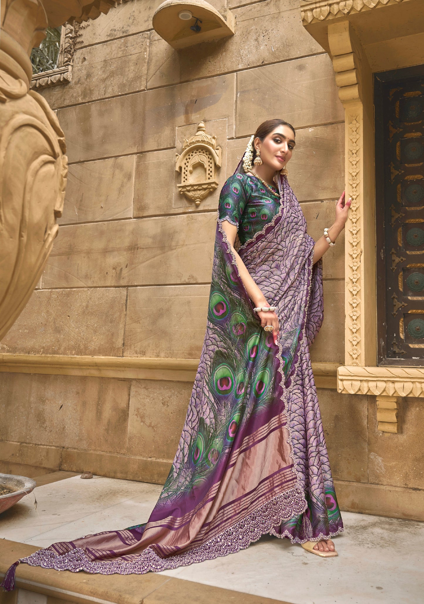 Gajji Silk Saree in Lavender Color with Diamond and Handwork - Femenica