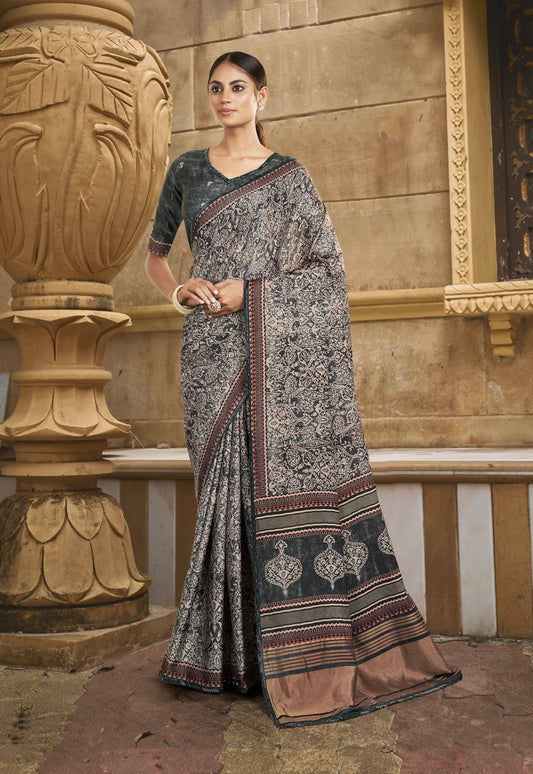 Grey Gajji Silk Saree with Paisley Printed and Handwork Border - Femenica