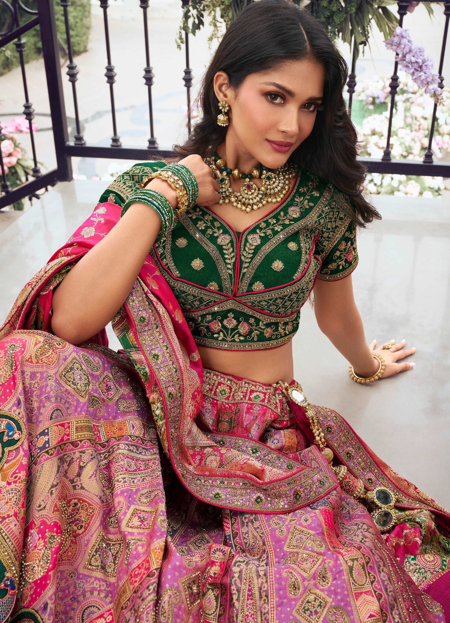 Pink and Green Banarasi Silk Wedding Lehenga with Zarkan Work - Femenica