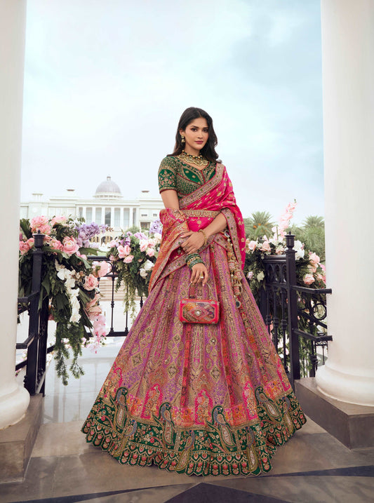 Pink and Green Banarasi Silk Wedding Lehenga with Zarkan Work - Femenica