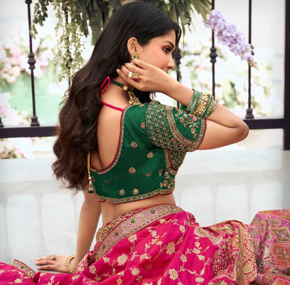 Pink and Green Banarasi Silk Wedding Lehenga with Zarkan Work - Femenica