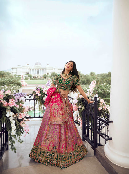 Pink and Green Banarasi Silk Wedding Lehenga with Zarkan Work - Femenica