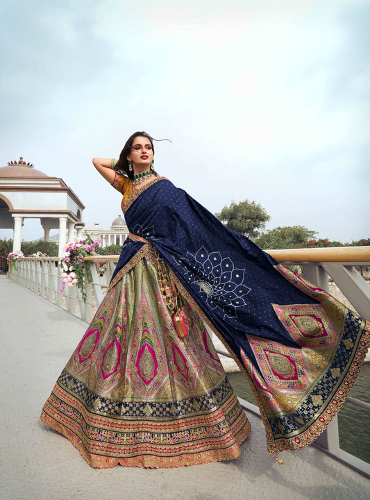 Blue and Green Banarasi Silk Wedding Lehenga with Zarkan Work - Femenica