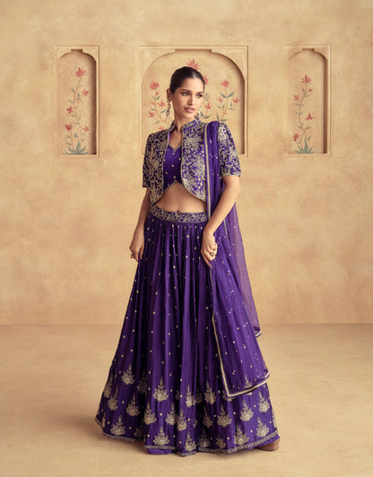 Royal Purple Chinnon Silk Embroidered Lehenga with Net Dupatta - Femenica