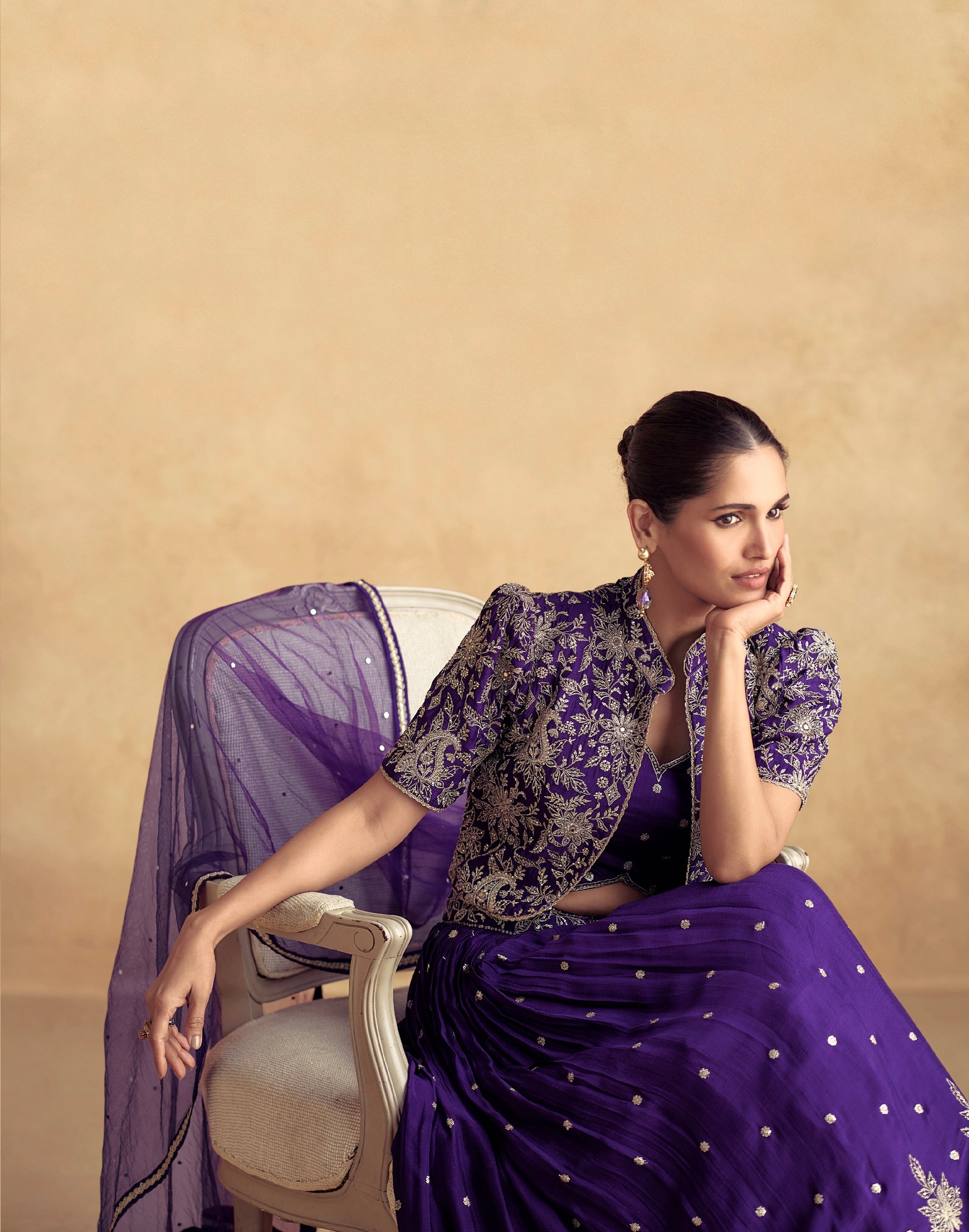 Royal Purple Chinnon Silk Embroidered Lehenga with Net Dupatta - Femenica