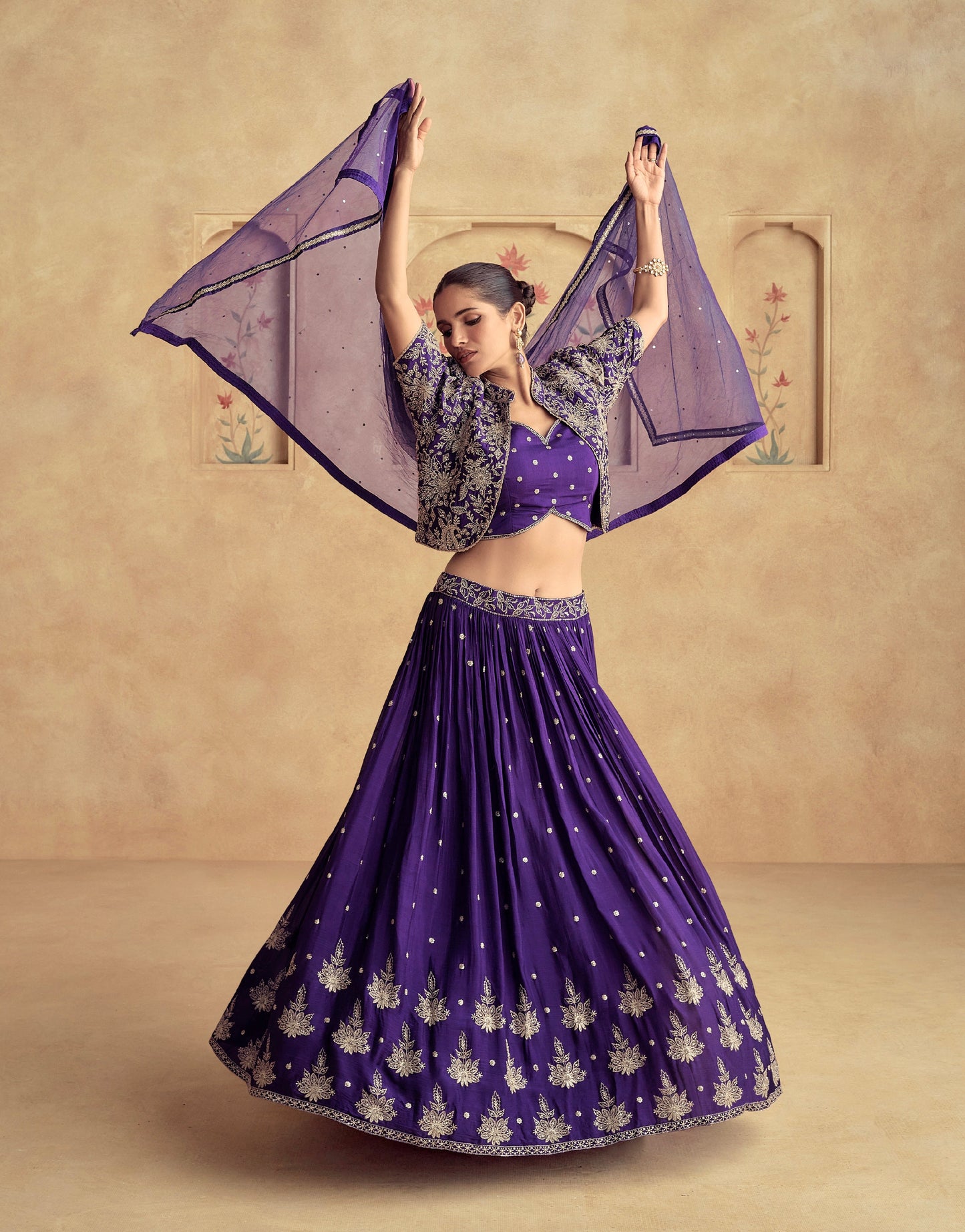 Royal Purple Chinnon Silk Embroidered Lehenga with Net Dupatta - Femenica