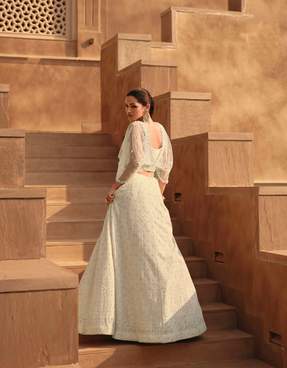 Off-White Embroidered Crop Top and Skirt Lehenga Set - Femenica