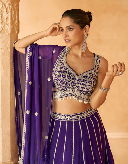 Royal Purple Embroidered Crop Top and Skirt Lehenga Set - Femenica