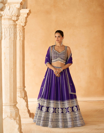 Royal Purple Embroidered Crop Top and Skirt Lehenga Set - Femenica