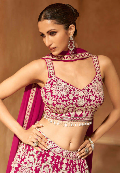 Magenta Pink Embroidered Crop Top and Skirt Lehenga Set - Femenica