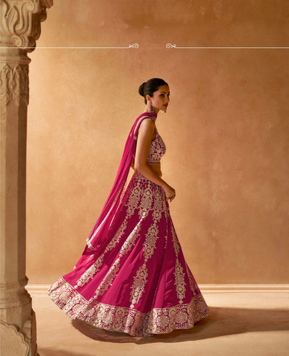 Magenta Pink Embroidered Crop Top and Skirt Lehenga Set - Femenica