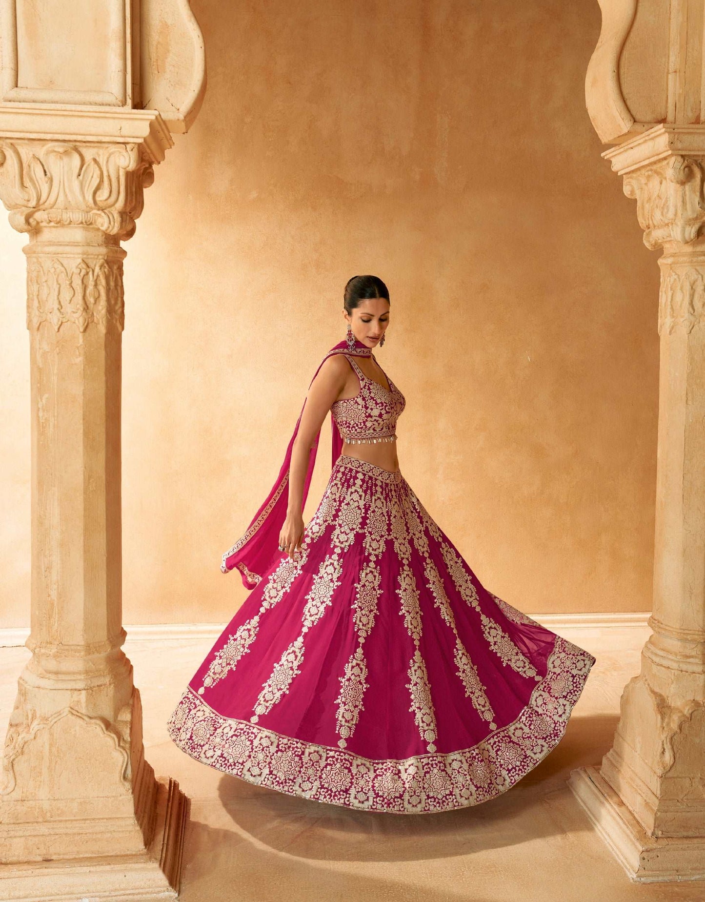 Magenta Pink Embroidered Crop Top and Skirt Lehenga Set - Femenica