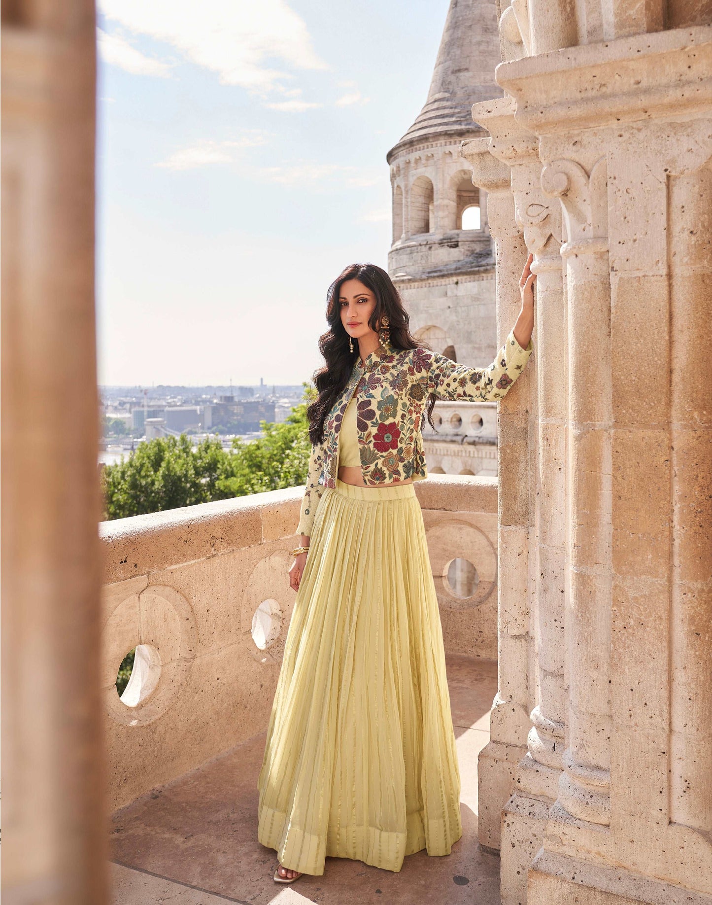 Lime Yellow Embroidered Lehenga with Floral Jacket Set - Femenica