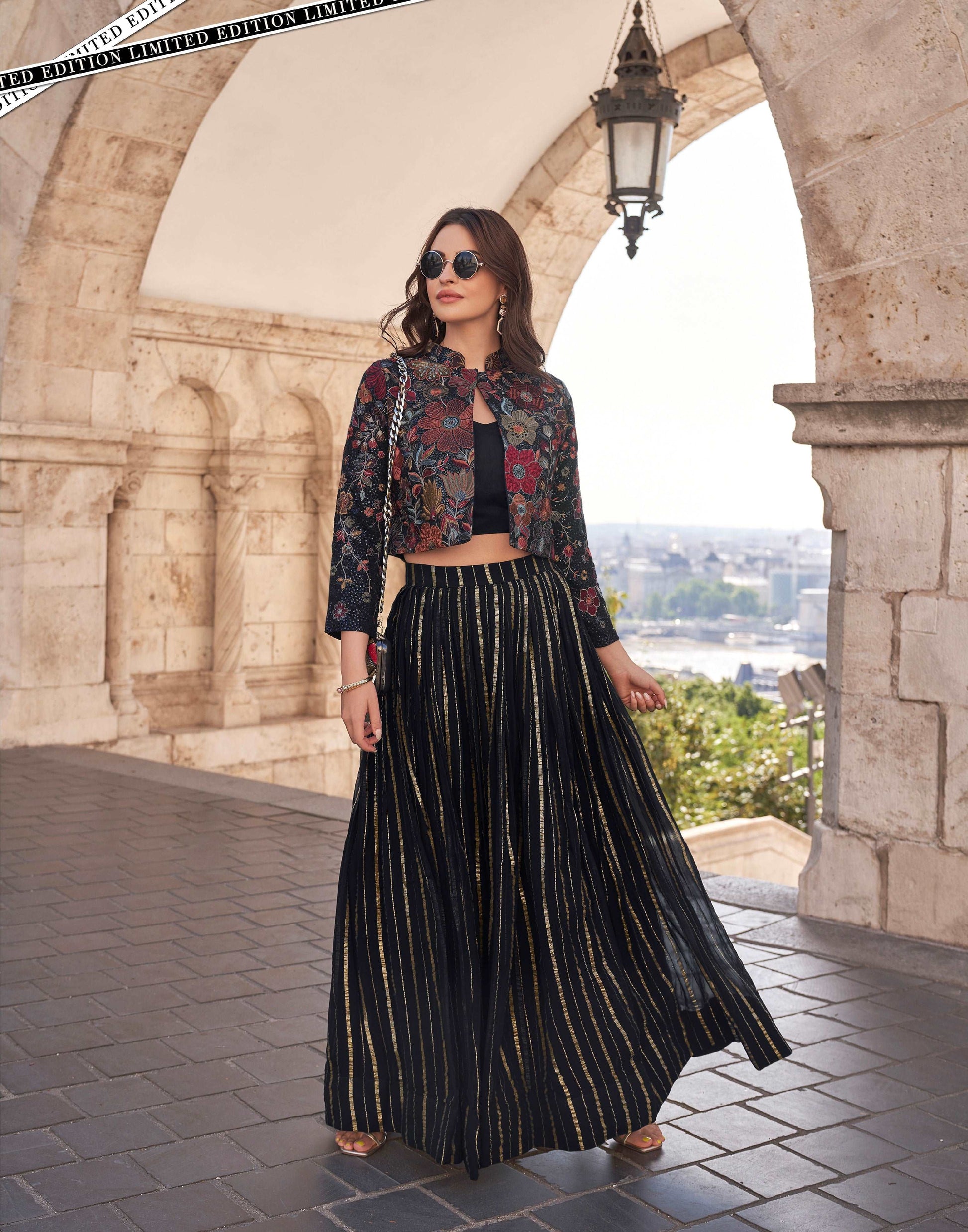 Midnight Black Gold Striped Lehenga with Embroidered Jacket - Femenica