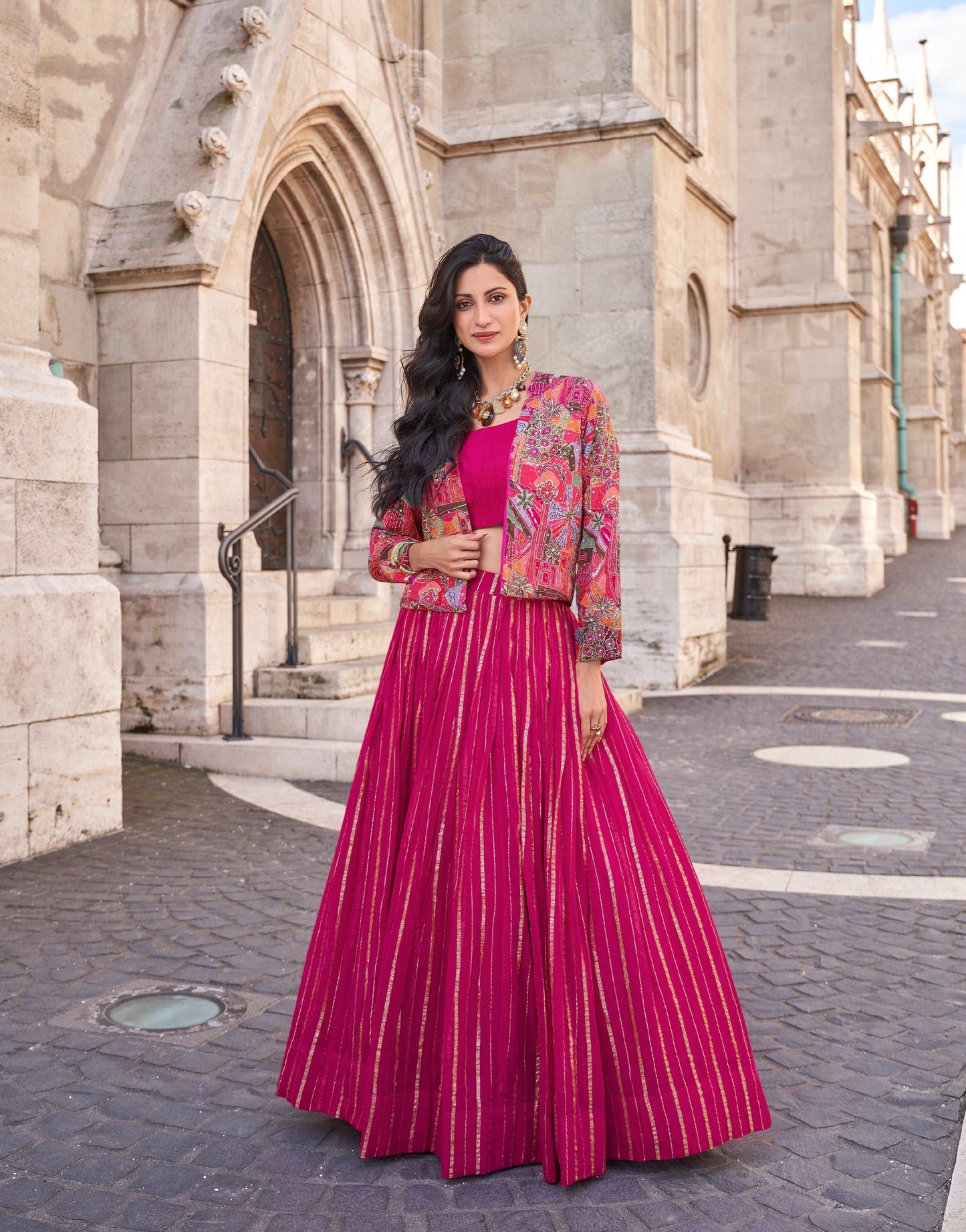 Magenta Pink Embroidered Lehenga with Ethnic Jacket - Femenica