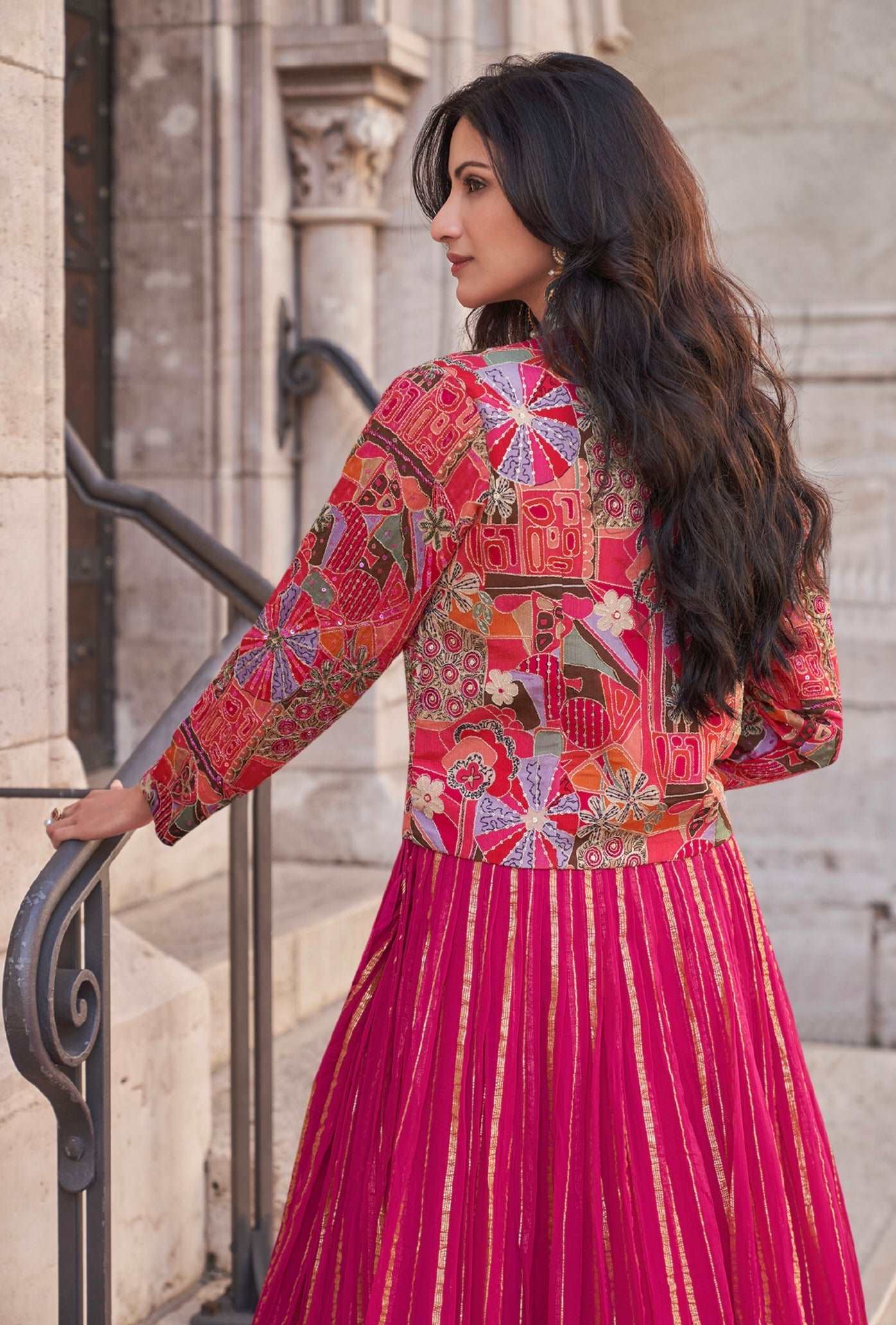 Magenta Pink Embroidered Lehenga with Ethnic Jacket - Femenica