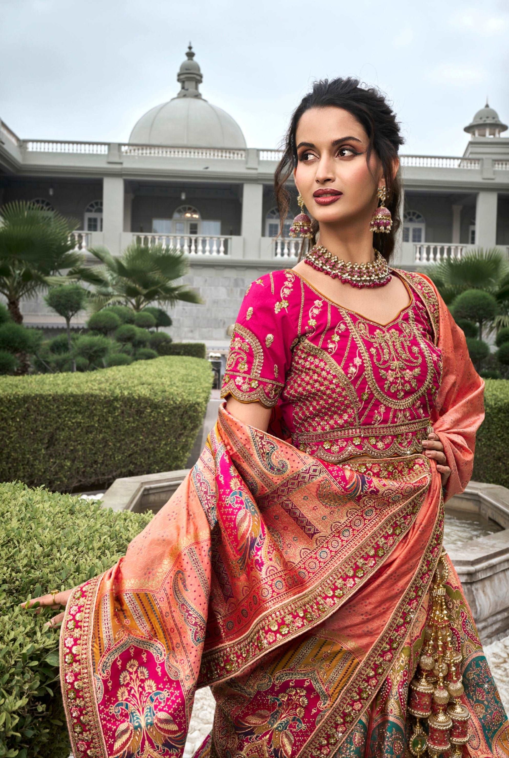 Peach & Coral Banarasi Silk Lehenga Choli with Zarkan Codding Work - Femenica